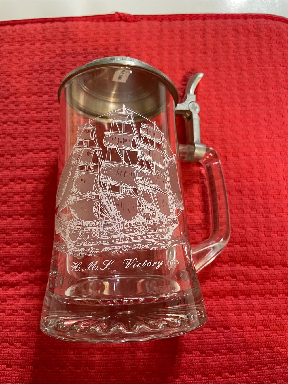 Etched Ship Glass Beer Stein with Pewter Lid - Clear